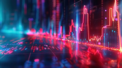 Obraz premium Holographic price fall, virtual business decline, futuristic economic downturn, neon design