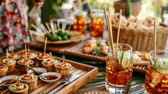 A lively cocktail party with bamboo drink stirrers, bamboo napkin rings, and bamboo trays