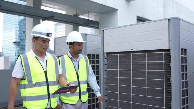Two engineers in high-visibility vests and hard hats inspecting equipment on a rooftop, emphasizing safety, teamwork, and technical inspection.