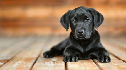 A joyful black Labrador sits attentively, its focused eyes gleaming as it gazes directly at the camera.