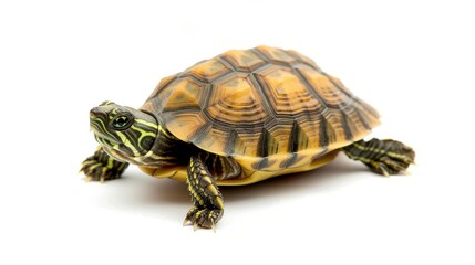 Fototapeta premium Adorable baby turtle rendered in a realistic style, showcasing its unique features and charm against a white backdrop.