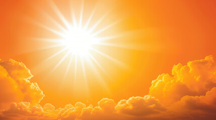 Fototapeta premium Illustration of climate change effects with orange sky, clouds, and sun heat wave concept background.
