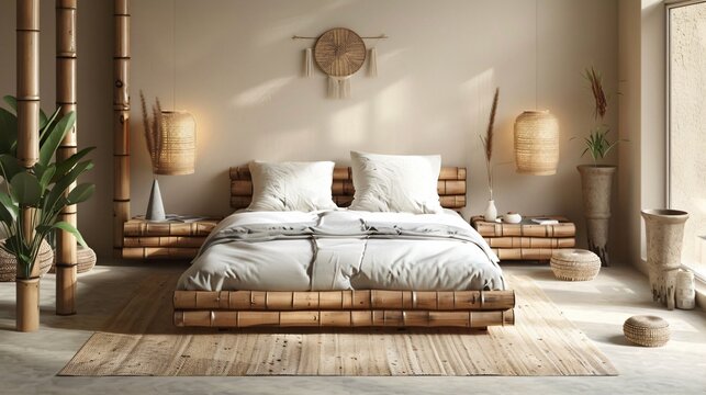 A serene bedroom with a bamboo bed frame, bamboo nightstands, and bamboo lamps, with natural linens and a bamboo rug