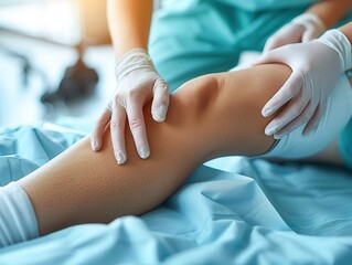 Fototapeta premium A healthcare professional examines a patient's knee, providing care and support for better mobility and recovery.