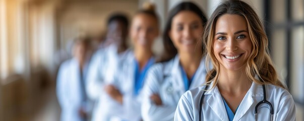 A smiling doctor stands confidently in a corridor, representing healthcare professionals committed to patient care.