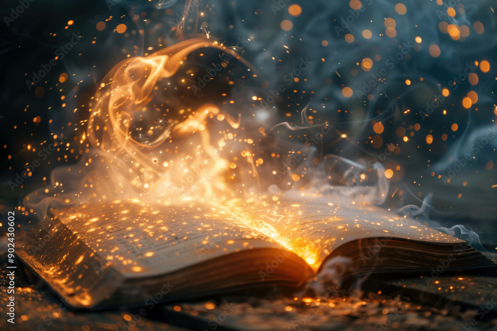 Poster enchanted open book with swirling magical lights and particles emanating from pages. concepts of fan