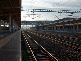 Fototapeta premium Railway track lines in Quzhou high speed railway station, China.