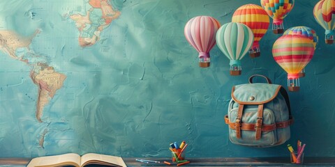 A light blue backpack hanging on a textured teal wall with a world map and colorful hot air balloons. An open book and colorful markers are placed on a wooden surface below.