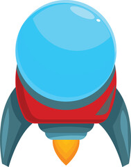 Cartoon rocket ship is flying through the air with fire trailing from its engine