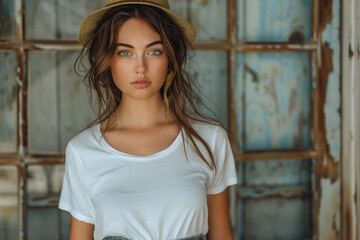 Fototapeta premium Woman in White T-Shirt and Hat 