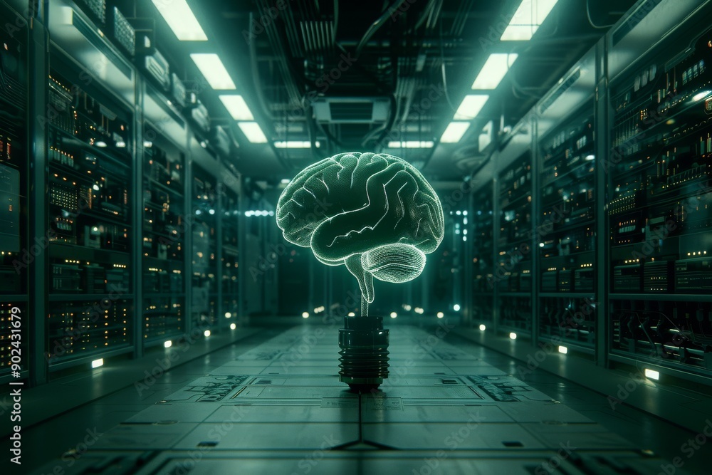 Poster neon green brain light bulb in data center concept of advanced technology intelligence and bright id
