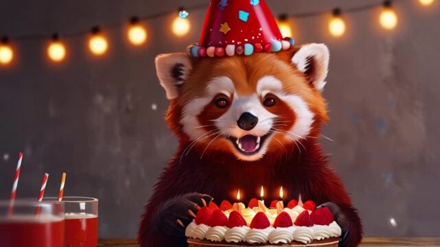 red panda birthday cake with candles video , AI generated