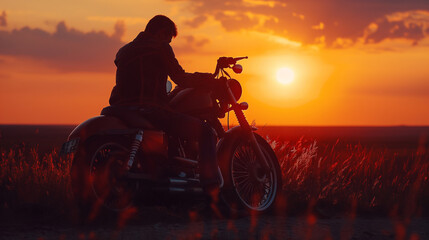 Fototapeta premium Dramatic image of biker sitting on motorcycle in sunset on the country road