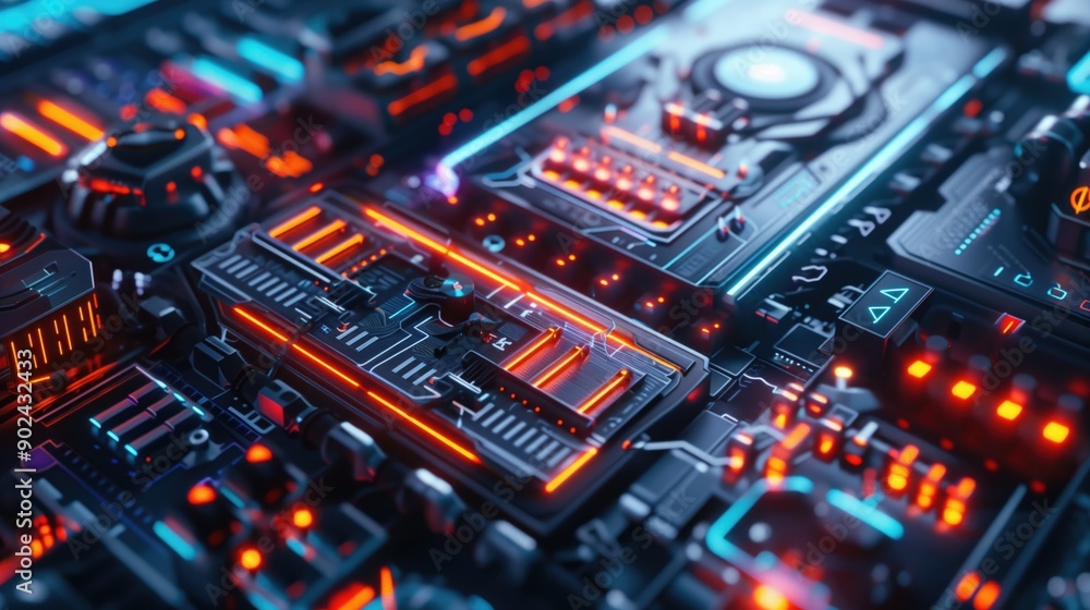 Poster close-up of a futuristic circuit board glowing with neon and led lights in a dark environment. conce