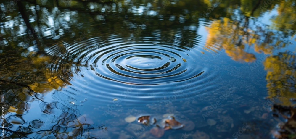 Poster ripple on calm pond surface surrounded by autumn trees reflecting in water. concepts of rhythmic pat