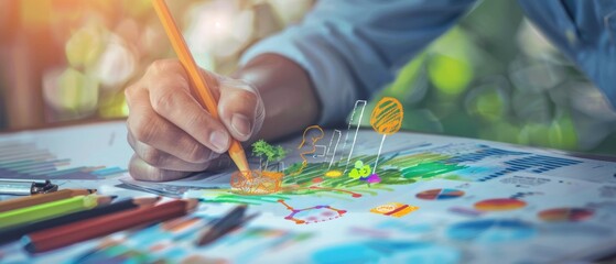 Naklejka premium Zoomed-in image of a hand crafting a mind map on sustainable practices in international business