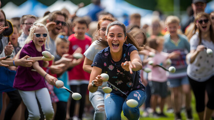 Tension and Laughter: The Thrill of a Park Egg Spoon Race Filled with Excitement and Joyful Cheer