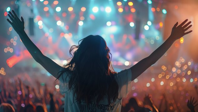 Young woman with raised hands enjoying music concert atmosphere