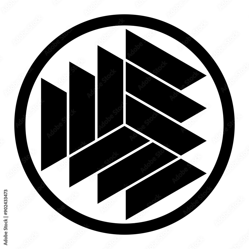 Poster trapezoid shapes forming a hexagon, enclosed in a circle border, crop circle pattern. mandala like h