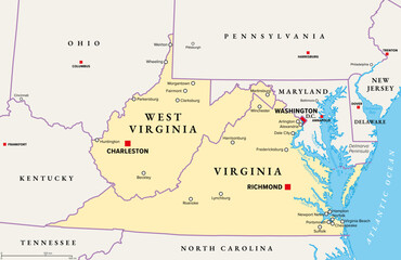 The Virginias, political map. The two Virginias, two states in the Southeastern and Mid-Atlantic regions of the United States. Virginia with capital Richmond and West Virginia with capital Charleston.