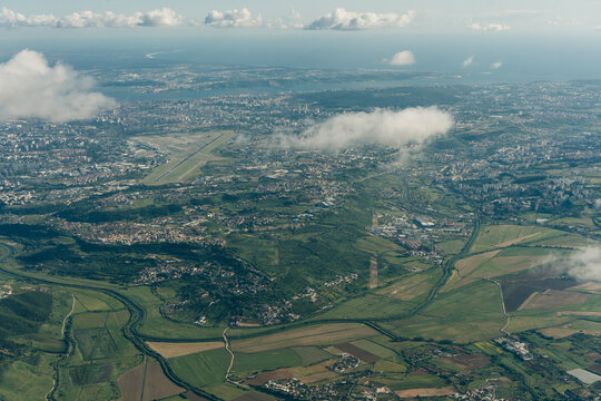 Aerial view of Lisbon, with Vasco da Gama Bridge, Tejo park and Trancao river, PORTUGAL