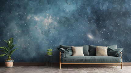 A living room with a couch in front of a wall with a starry sky wallpaper. The wallpaper features a dark blue background with white stars and clouds.