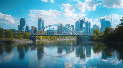 Fototapeta premium A modern bridge spanning a river with the city skyline in the background
