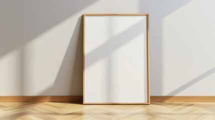 Empty wooden frame leaning against wall in bright room with natural light.