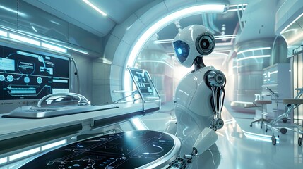 Futuristic Medical Facility with Advanced Robot in Central Focus, AI Technology Integration