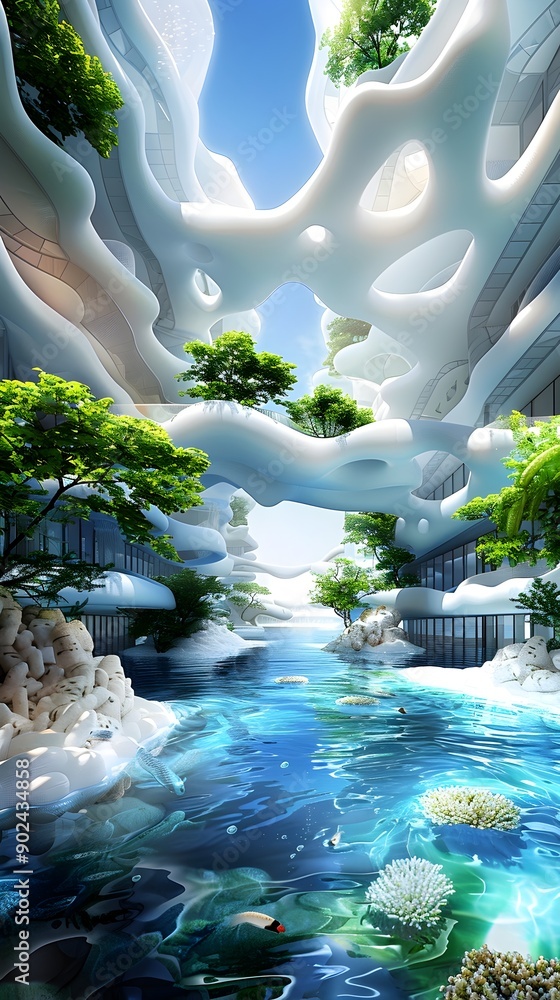 Poster futuristic architecture with a pool and lush greenery.