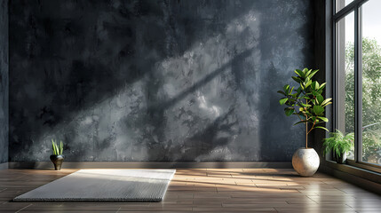A minimalist room with a large window, a textured dark grey wall, and a small plant in a pot. The room is lit by natural light coming through the window, creating a bright and airy atmosphere.