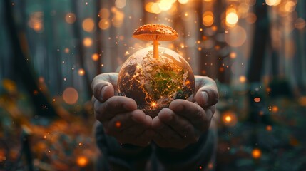Human Holding the World: A person cradling the Earth in their hands, with a mushroom growing from the planet's surface. The photograph captures the planet bathed in warm orange light, highlighting a c