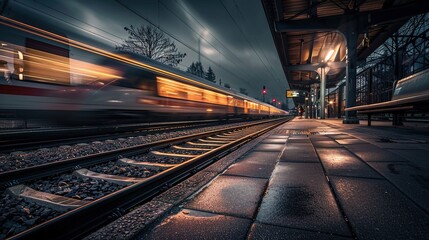 Fototapeta premium Fast Train at Night: High-Speed Motion and Blurred Lights Create a Dynamic Nighttime Scene. Captivating Urban Transport and Nighttime Atmosphere