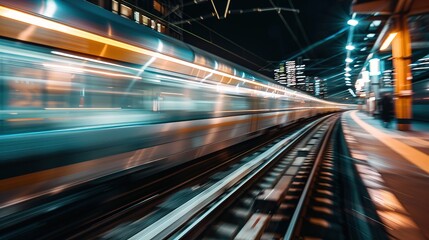 Fast Train at Night: High-Speed Motion and Blurred Lights Create a Dynamic Nighttime Scene. Captivating Urban Transport and Nighttime Atmosphere