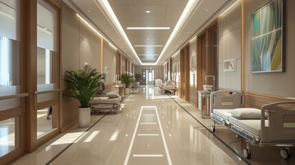 Fototapeta premium Spacious Corridor in Modern Hospital with Medical Equipment and Patient Beds, Bright Healthcare Facility Interior Scene