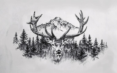 Detailed pencil drawing of a deer head with antlers emerging from a dense forest of conifer trees with a mountainous backdrop, featuring intricate wildlife and nature elements in a black and white tat