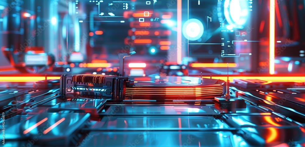 Poster futuristic data center with glowing neon lights and advanced technology components. highlights conce