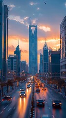 Bustling Cityscape with Skyscrapers at Sunset