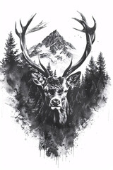 Detailed pencil drawing of a deer head with antlers emerging from a dense forest of conifer trees with a mountainous backdrop, featuring intricate wildlife and nature elements in a black and white tat