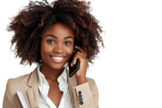 Smiling young woman with curly hair, wearing a beige blazer and white shirt, talking on a phone and holding a book. Ideal for business, communication, or professional themes.