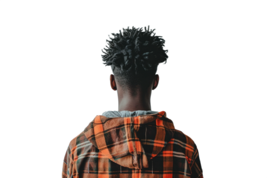A young man viewed from behind, wearing a plaid hoodie, with styled hair. Perfect for fashion or lifestyle themes. Transparent background png.
