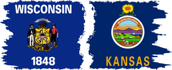 Kansas and Wisconsin states grunge brush flags connection, vector