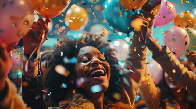 A woman is surrounded by a lot of colorful balloons and confetti