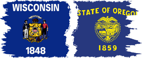 Oregon and Wisconsin states grunge brush flags connection, vector