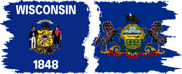 Pennsylvania and Wisconsin states grunge brush flags connection, vector
