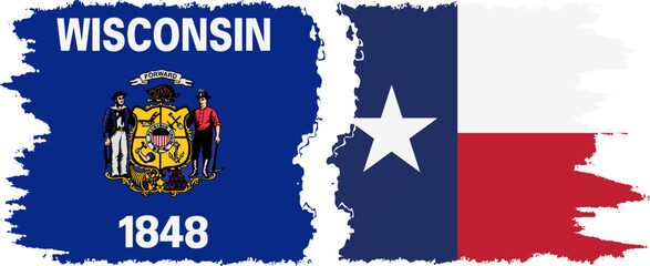 Texas and Wisconsin states grunge brush flags connection, vector