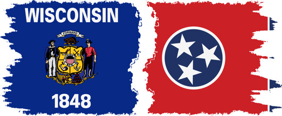 Tennessee and Wisconsin states grunge brush flags connection, vector