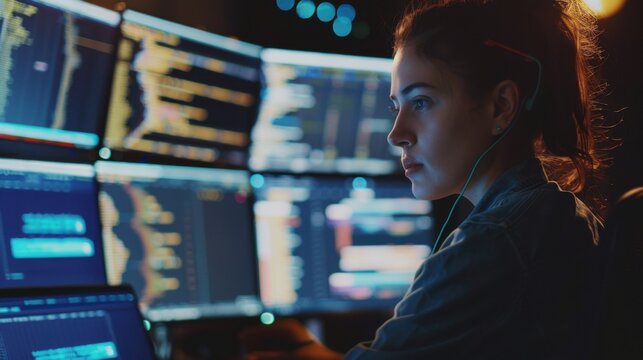 A woman is sitting in front of a computer monitor with a headset on