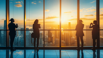Employees standing by large office windows with coffee cups, enjoying the cityscape view and morning sunlight, bottom third copy space. Harmony, Responsibility, Jo