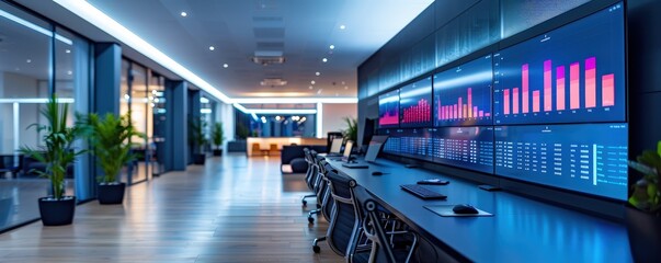 Fototapeta premium Modern office with large screens displaying real-time ad campaign performance and SEO data, [Presence], [Ads], [Optimization]